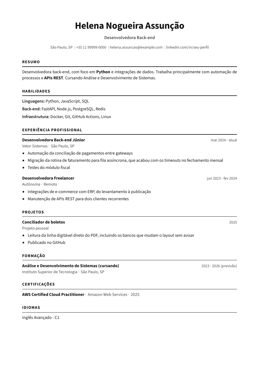Primeira página do template Minimalist, preenchida com a persona de exemplo.