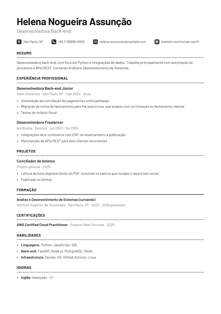 Primeira página do template Modern, preenchida com a persona de exemplo.