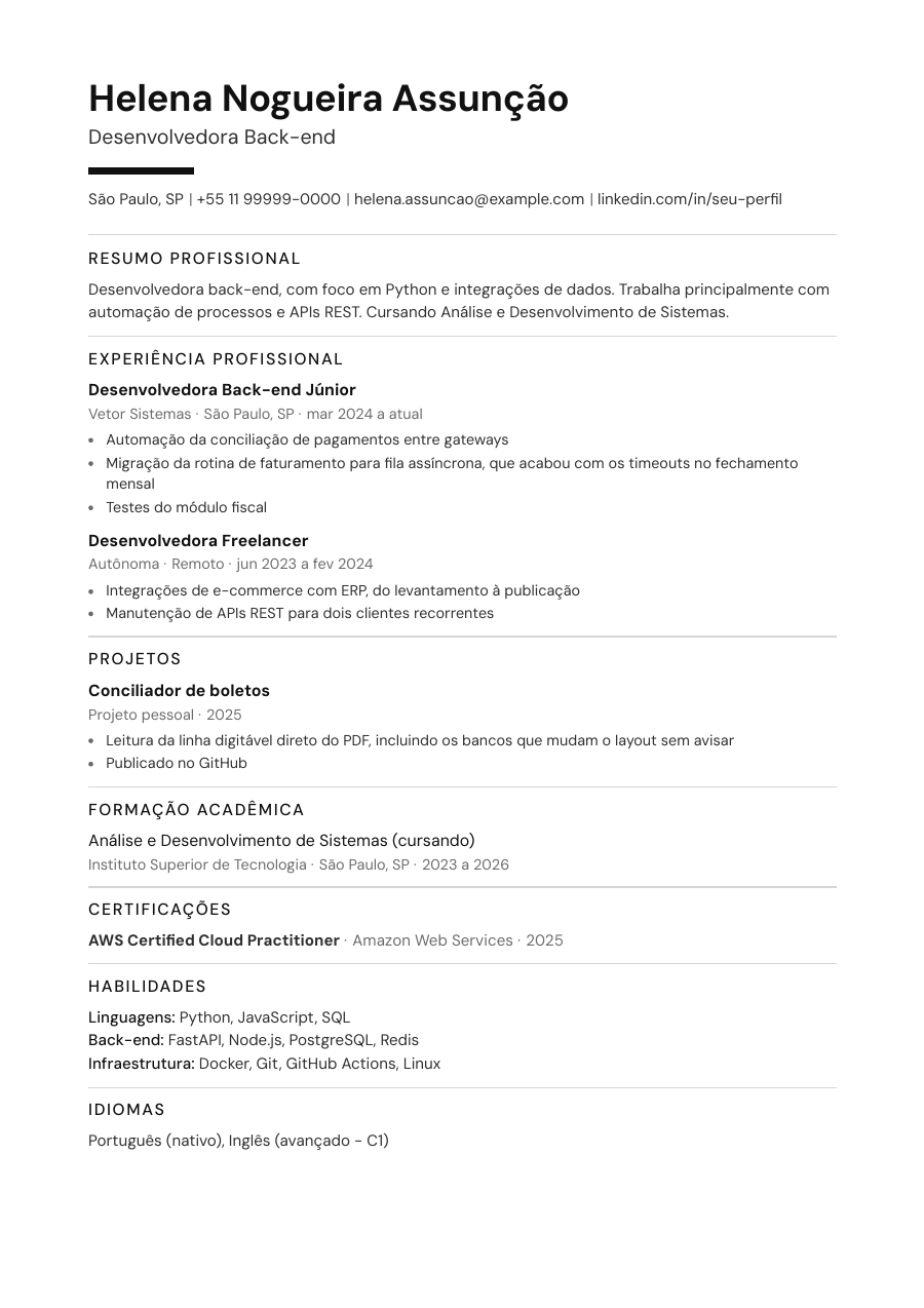 Primeira página do template Airy, preenchida com a persona de exemplo.