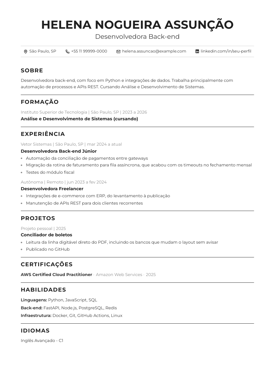 Primeira página do template Bold, preenchida com a persona de exemplo.