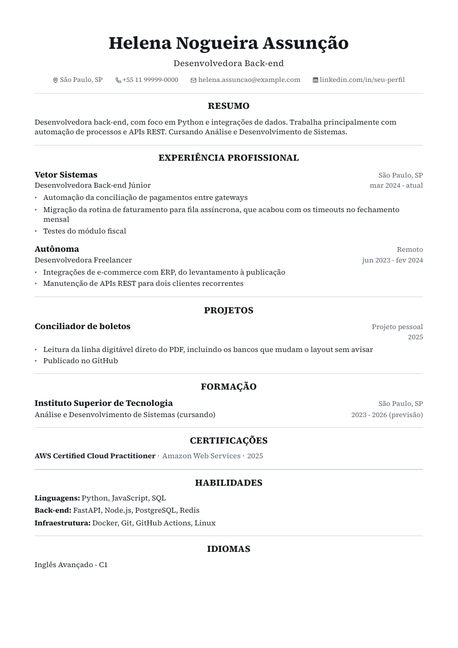 Primeira página do template Harvard, preenchida com a persona de exemplo.